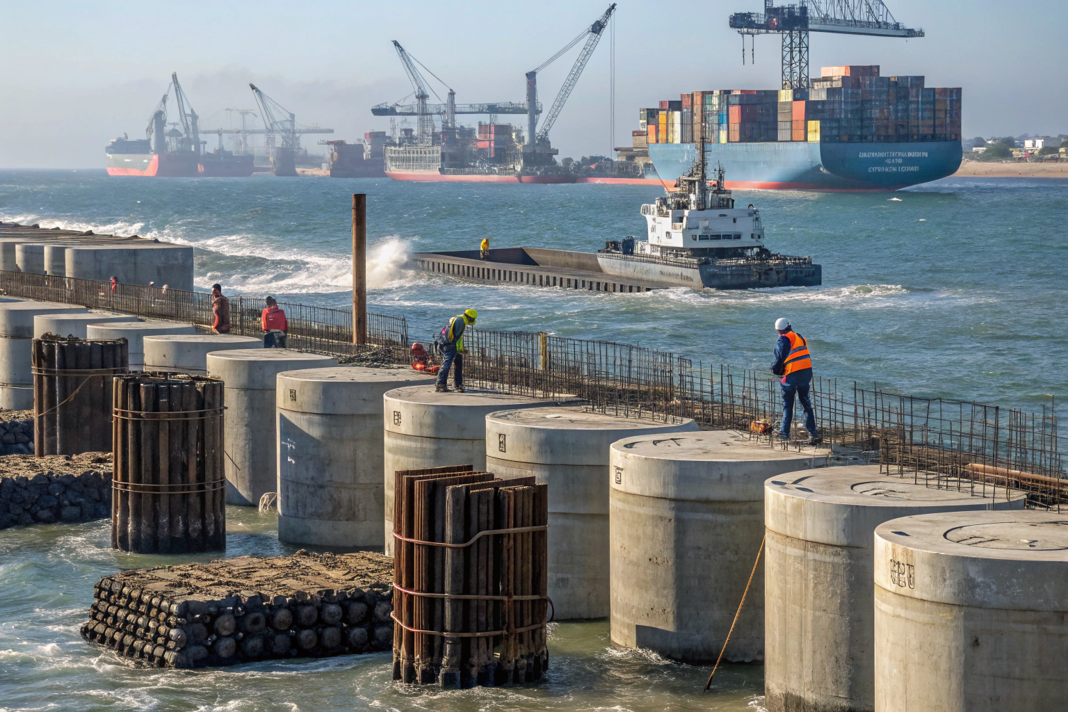 a photorealistic coastal construction scene of a m