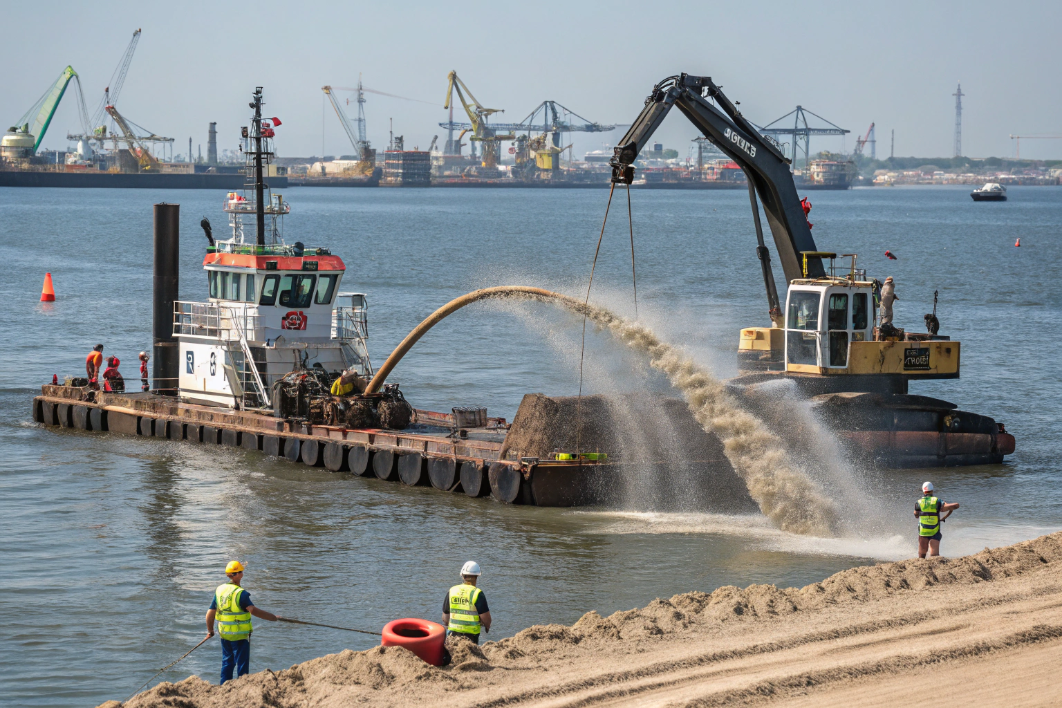 a photorealistic dredging operation at a river or