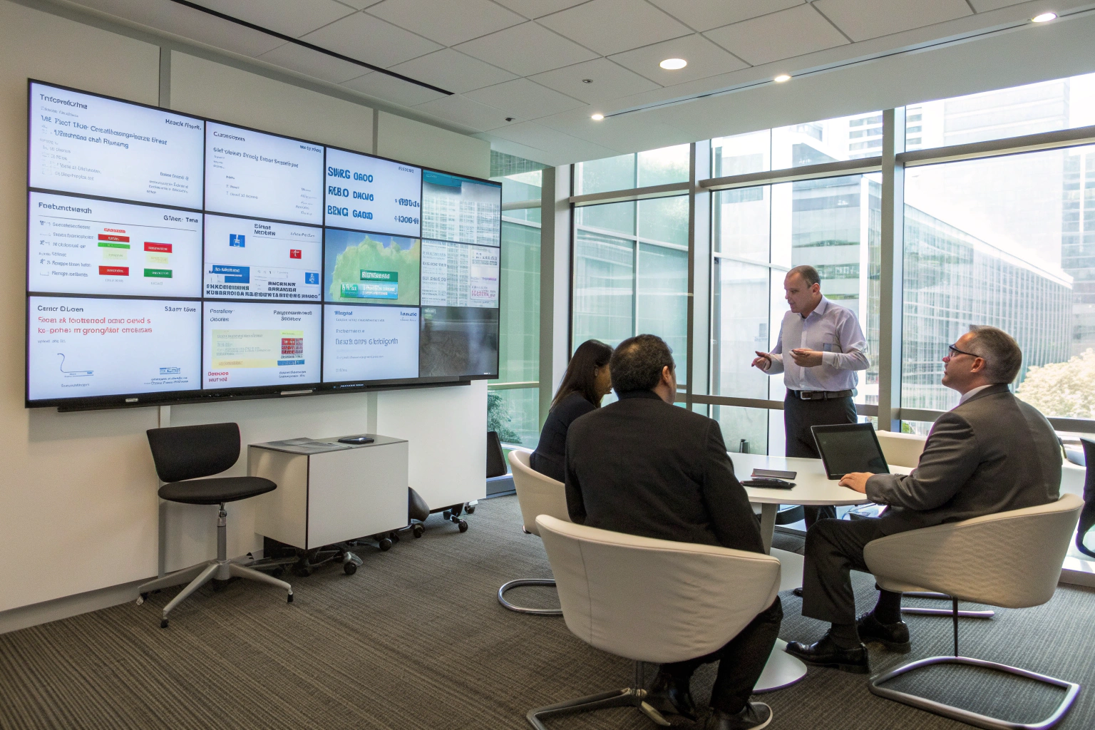 business professionals in a modern boardroom discu