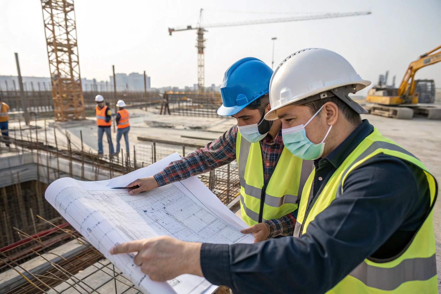 engineers in safety helmets with mask inspecting d