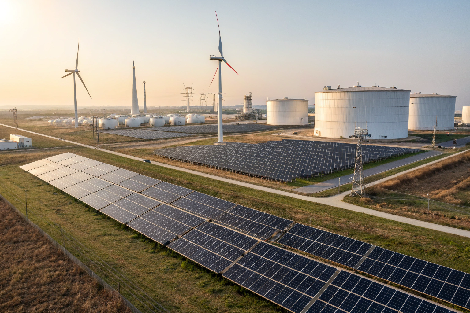 vast solar panel fields wind turbines and an oil