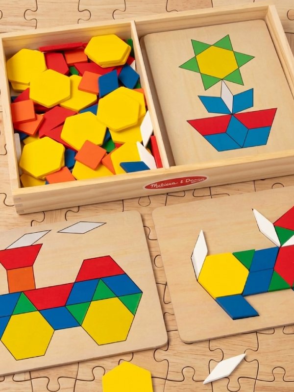 Pattern Blocks and Boards with 120 Multi-Colored Wooden Shape Tiles
